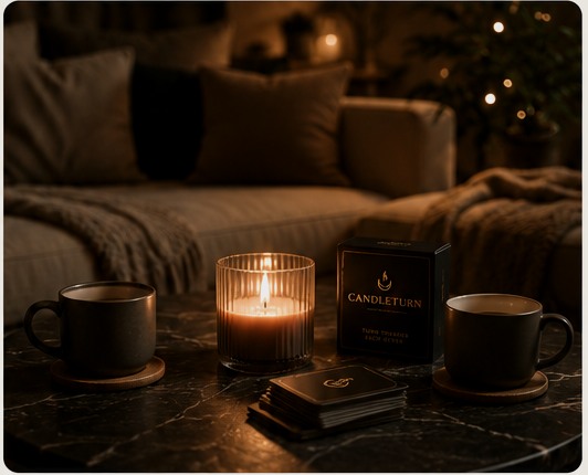 A candlelit table with two drinks in front of a comfortable sofa